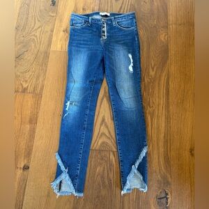 Flying Monkey Distressed Dark Blue Ankle Jeans with Frayed V-Cut Hem